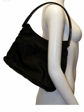 Prada Black Nylon Shoulder Bag with Triangle Logo Plaque and acrylic strap